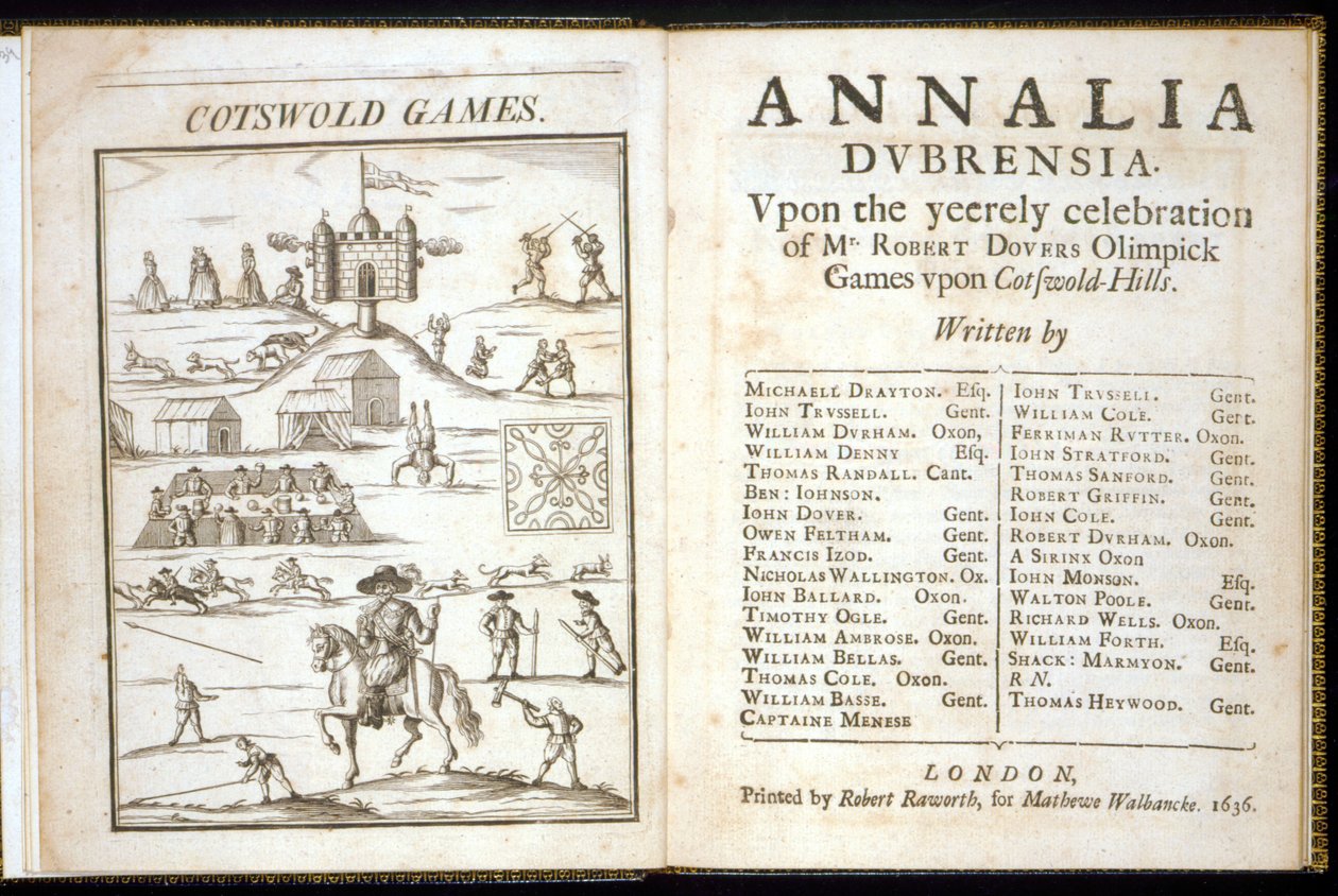Página de título de Annalia Dubrensia: Após a celebração do Sr. Robert Dovers Olimpick Games em Cotswold Hills, 1636 de English School