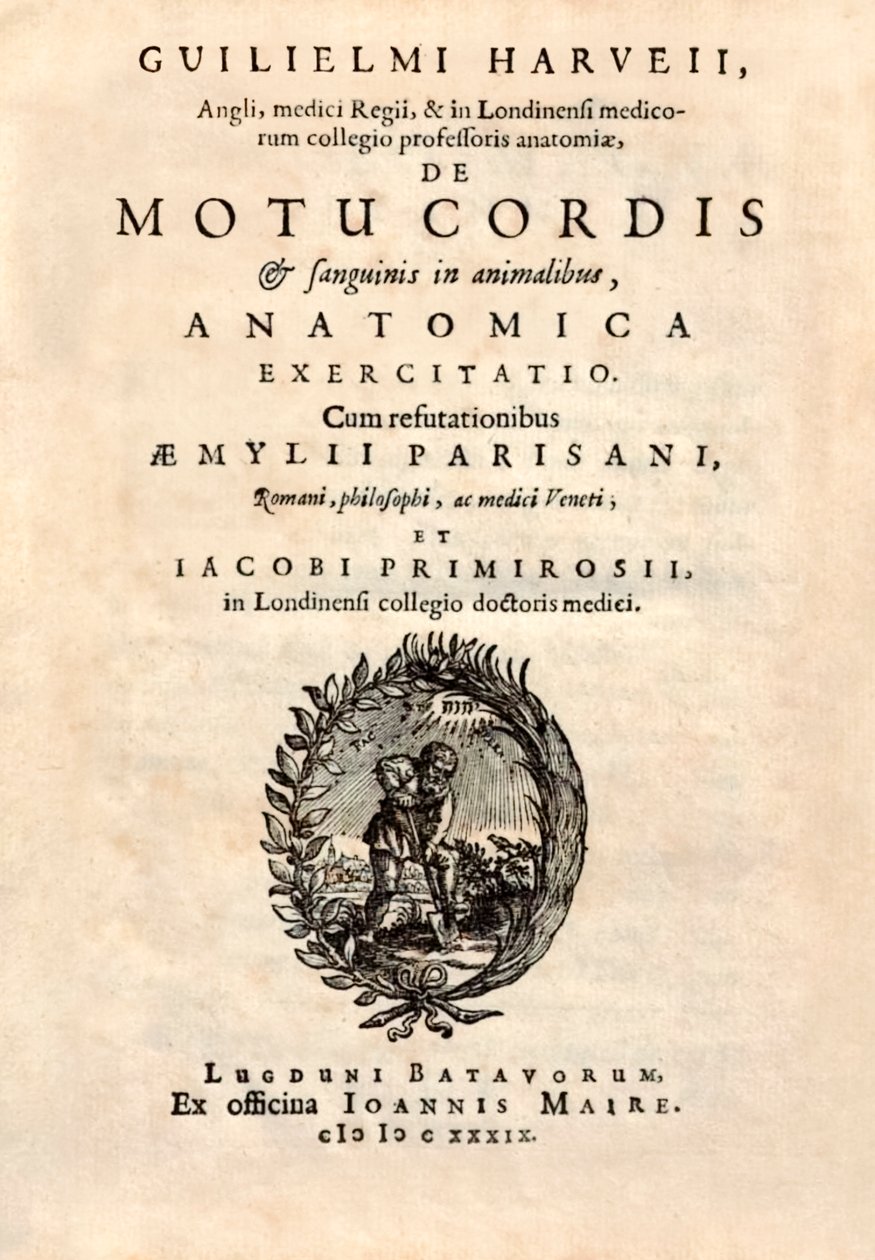 Página de título de "De Motu Cordis set Sanguinis in Animalibus" (O movimento do coração e do sangue nos seres vivos) de William Harvey (1578-1657) publicado em 1628. de English School