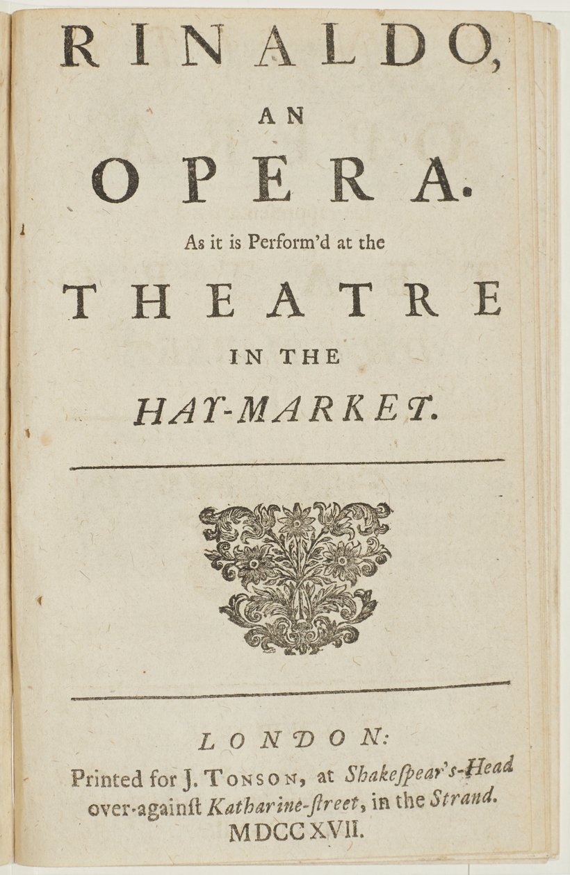 Página de rosto do libreto da ópera de Handel "Rinaldo", de Giacomo Rossi, 1717 de English School
