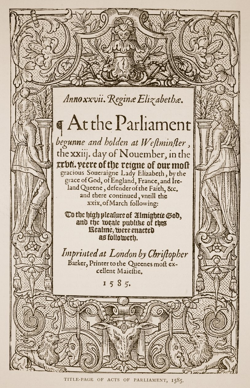 Página de título de Atos do Parlamento, impresso por Christopher Barker (1528-99), 1585 (foto sépia) de English School