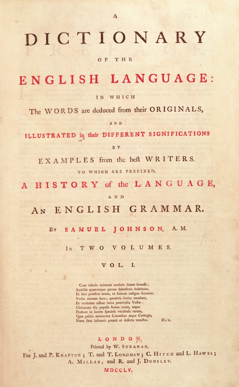 Página de rosto do Dicionário Johnsons da Human Language London, 1755 de English School