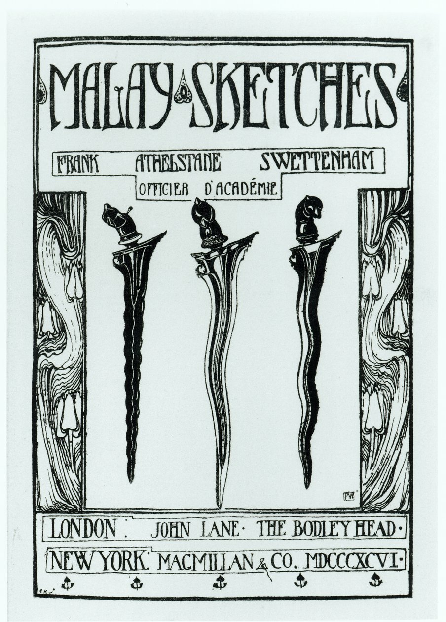 Página de título do Malay Sketches por Frank Athelstane Swettenham, publicado em 1896 de English School