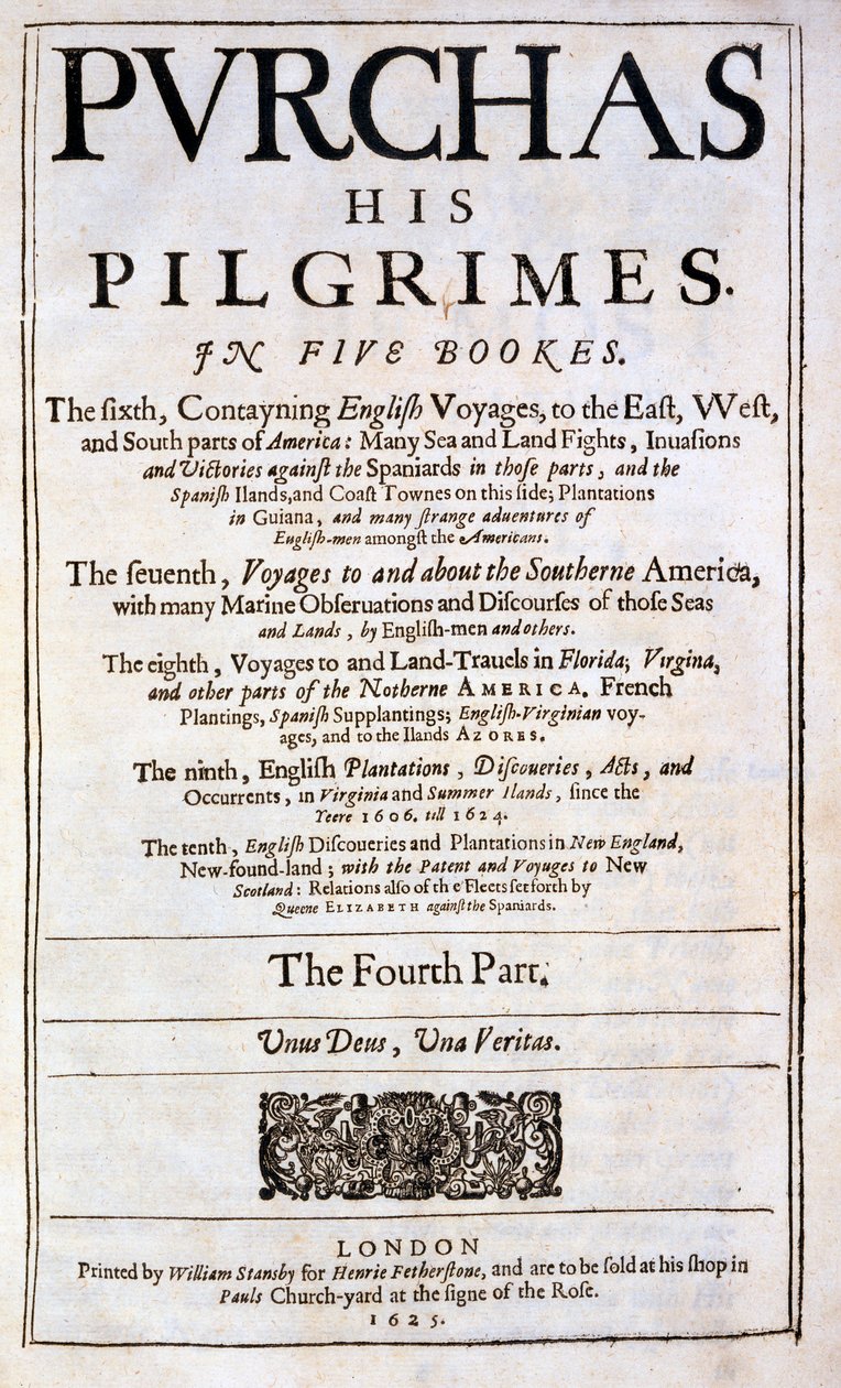 Página de título de Purchas His Pilgrimes por Samuel Purchas, publicado em 1625 de English School