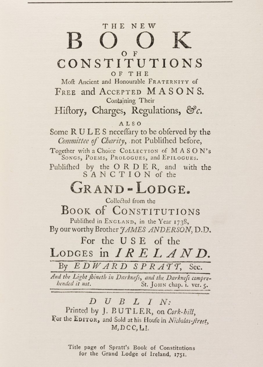 Página de rosto do Livro de Constituições Spratts para a Grande Loja na Irlanda, 1751 de English School