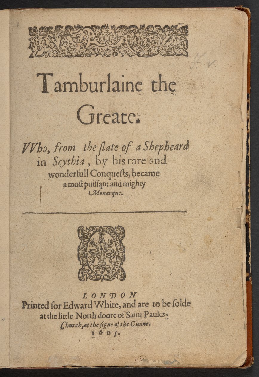 Página de título de Tamburlaine the Greate, de Christopher Marlowe de English School