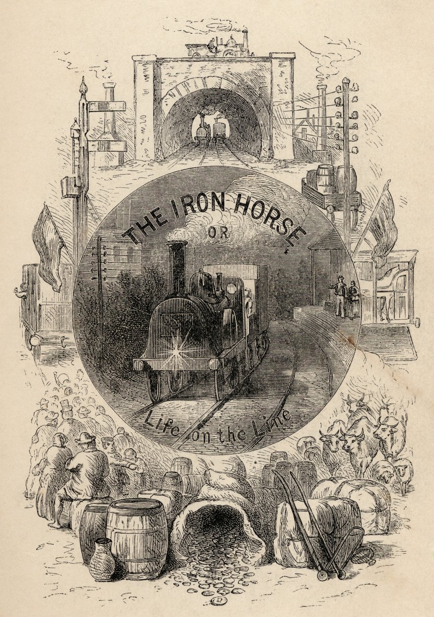 Página de título do cavalo de ferro ou vida na linha por RM Ballantyne, publicado em 1884 de English School