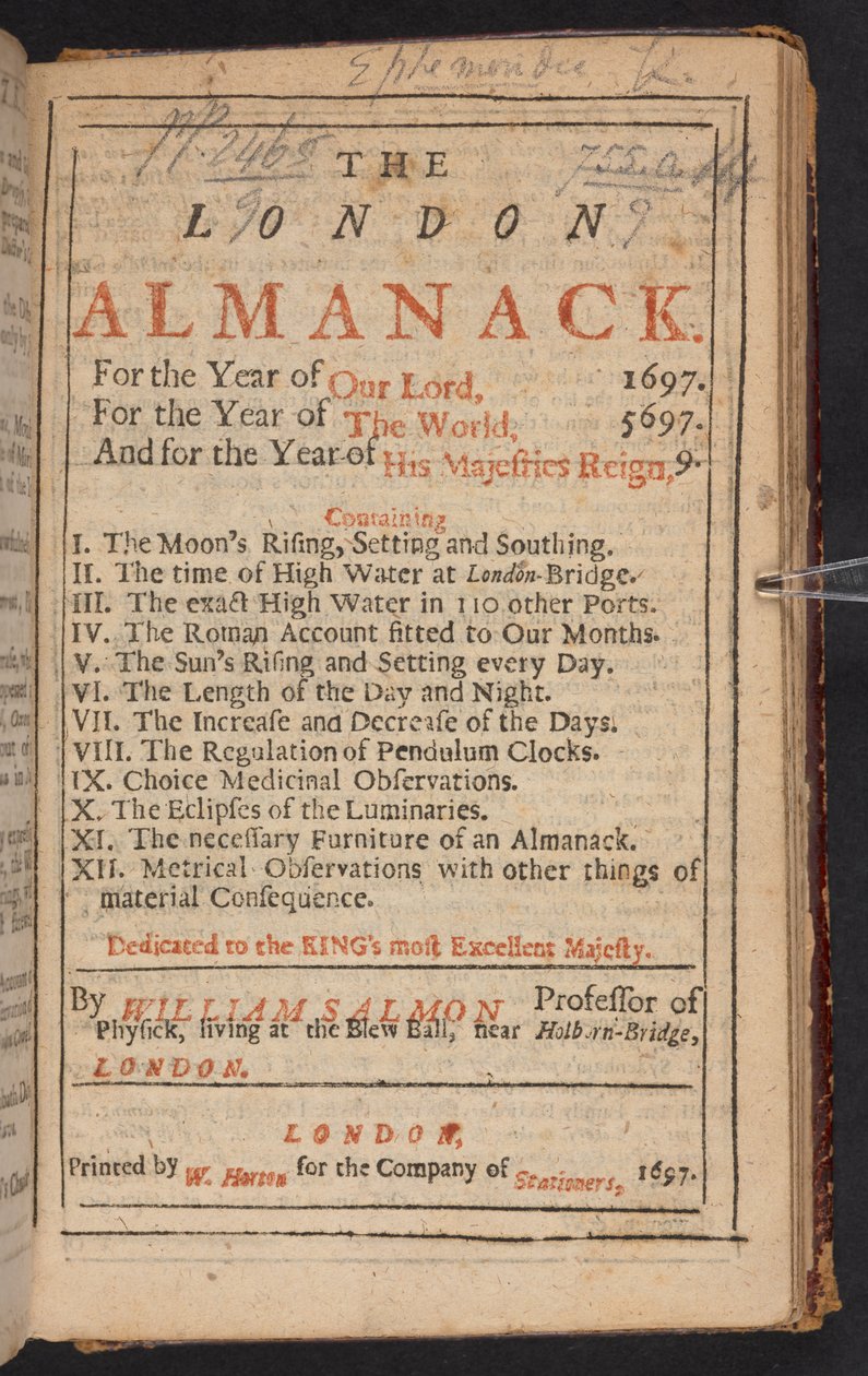 Página de título do The London Almanack, de William Salmon de English School