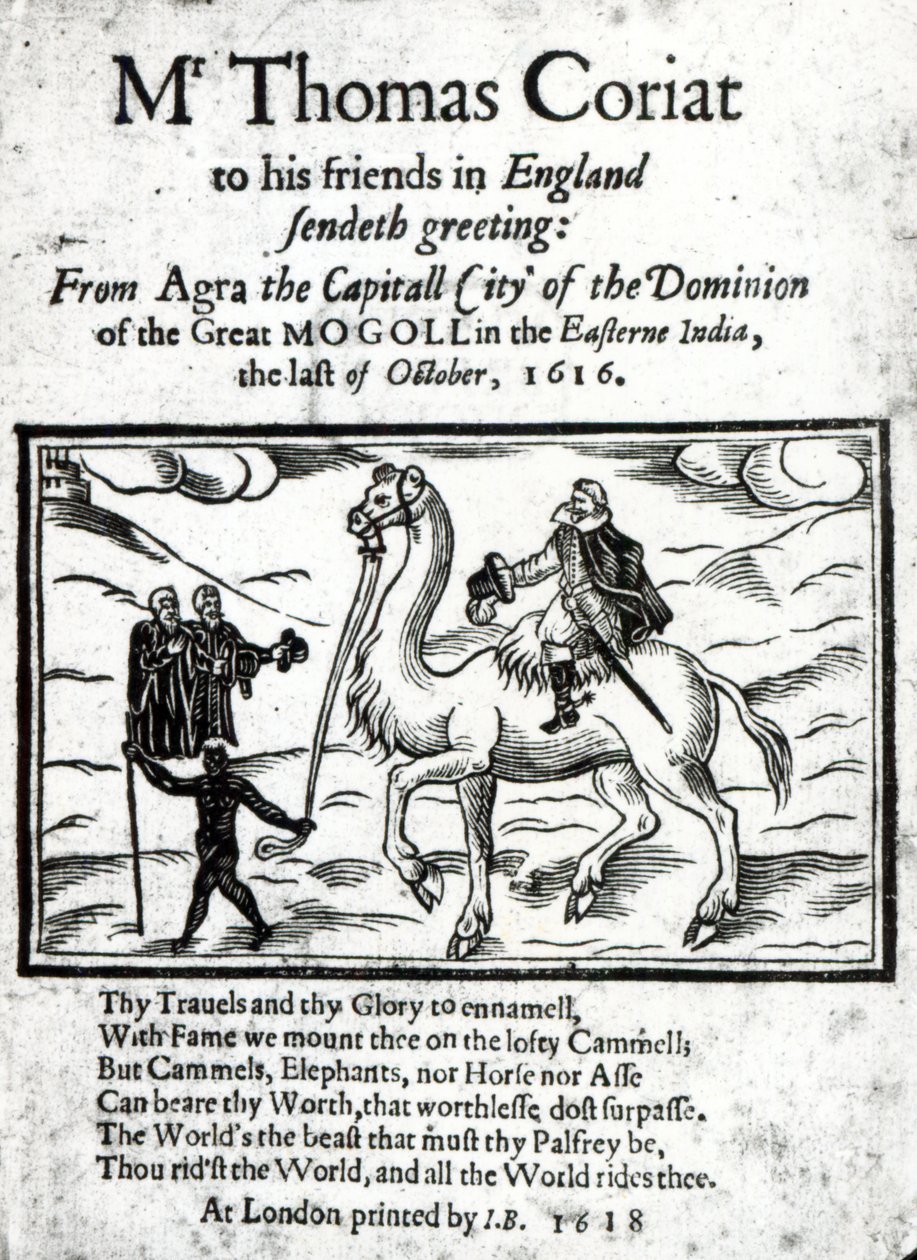 Página de rosto de Thomas Coryats postumamente impresso conta de suas viagens na Índia, publicado em Londres, 1618 (papel impresso e xilogravura) de English School