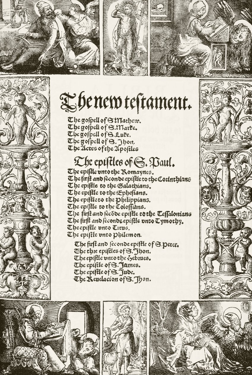 Página de título do Novo Testamento de William Tyndales, impresso em 1530, de A História Nacional e Doméstica da Inglaterra por William Hickman Smith Aubrey (1858-1916) publicou Londres, c.1890 de English School