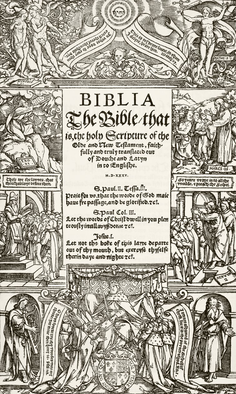 Página de rosto da Bíblia de Coverdale, impressa em 1535, de A História Nacional e Doméstica da Inglaterra por William Hickman Smith Aubrey (1858-1916) publicou Londres, c.1890 de English School