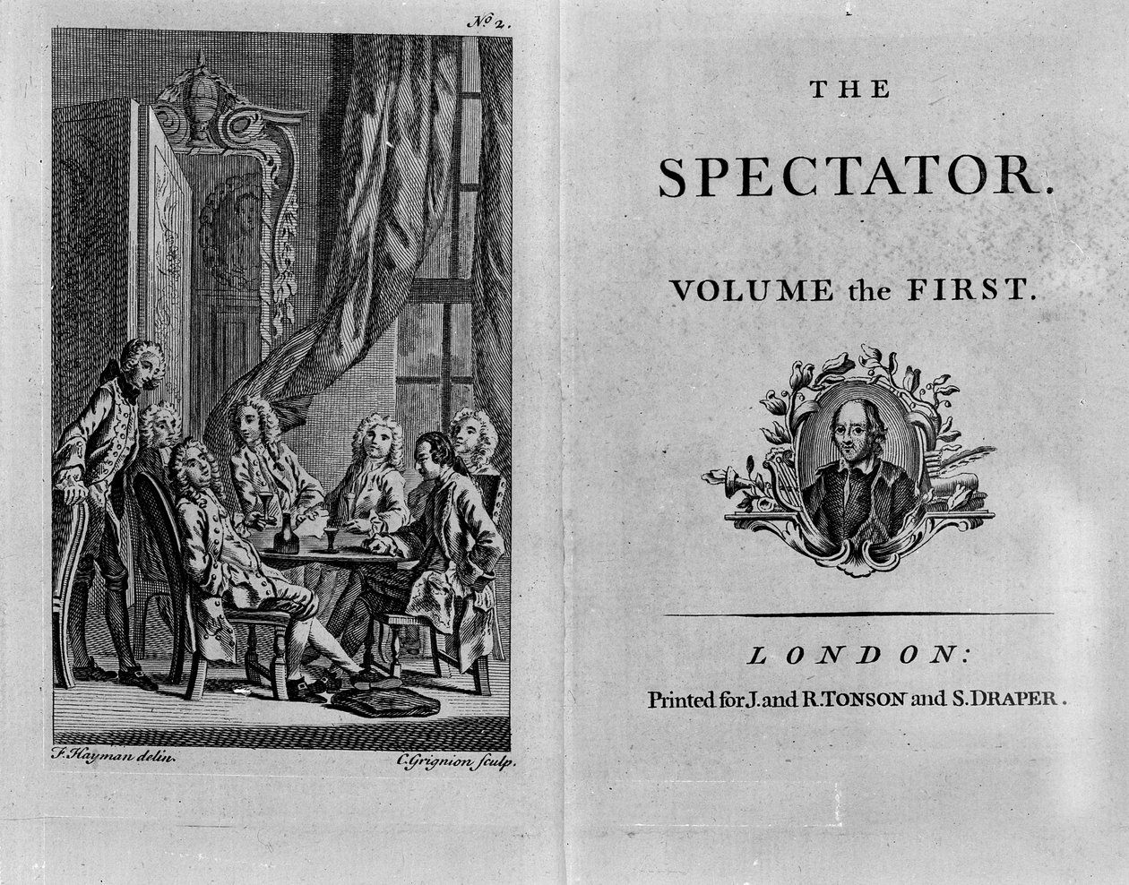 Página de rosto do primeiro volume da edição coletada do The Spectator, publicado em 1788 (impresso) de English School