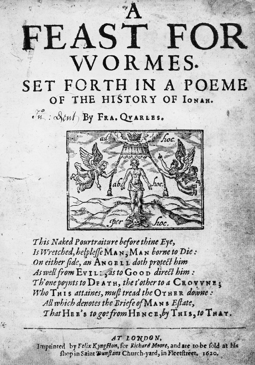 Página de rosto de A Feast for Worms, apresentada em um Poema da História de Jonas de Francis Quarles, 1620 de English School