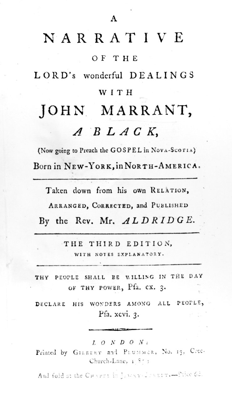 Página de rosto para A Narrativa dos Lordes Maravilhosos Tratos com John Marrant, Um Negro transcrito pelo Rev. William Aldridge, 1785 de English School