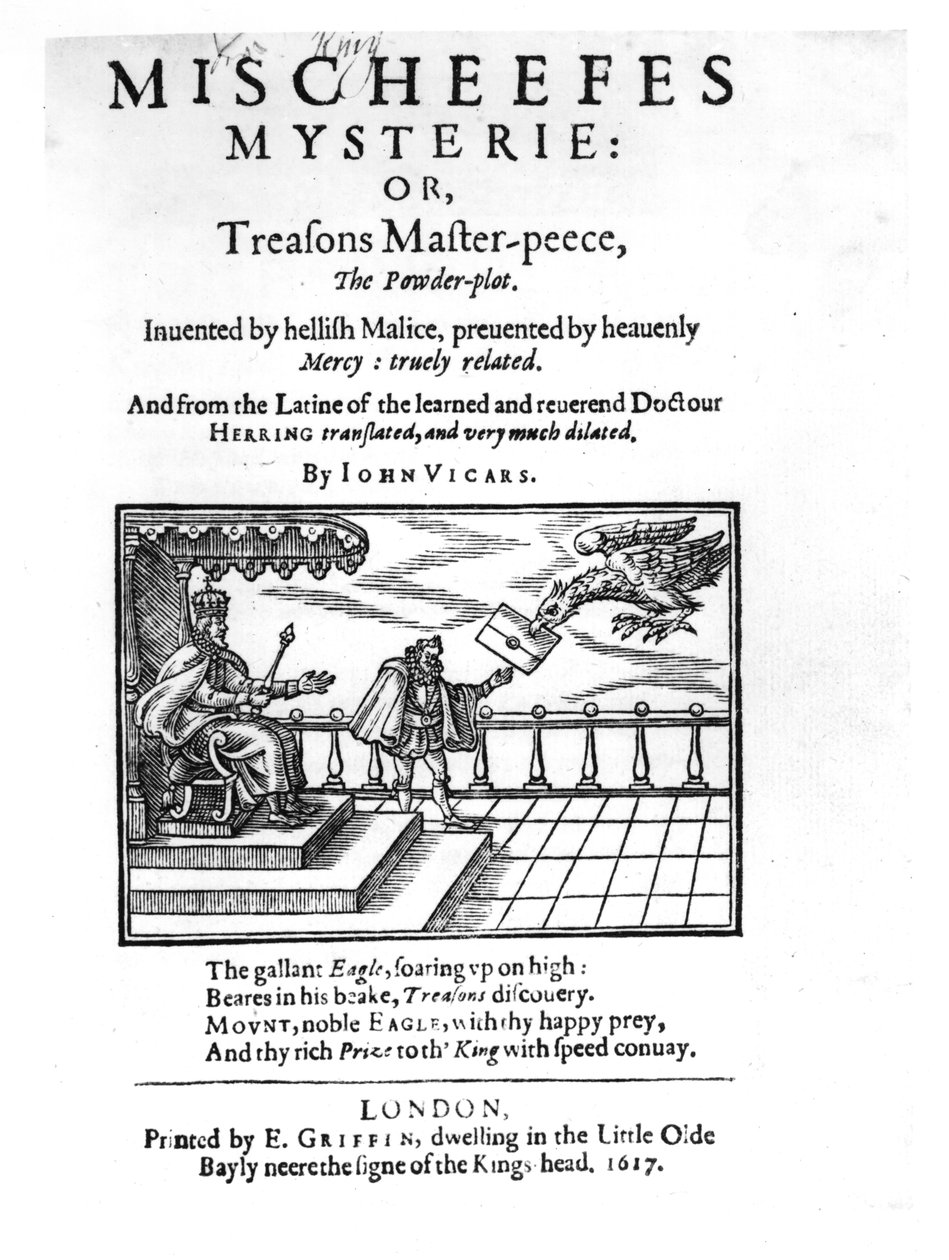 Página de título para Mischeefes Mysterie ou Treasons Master-peece, The Powder-plot, de John Vickers, 1617 de English School