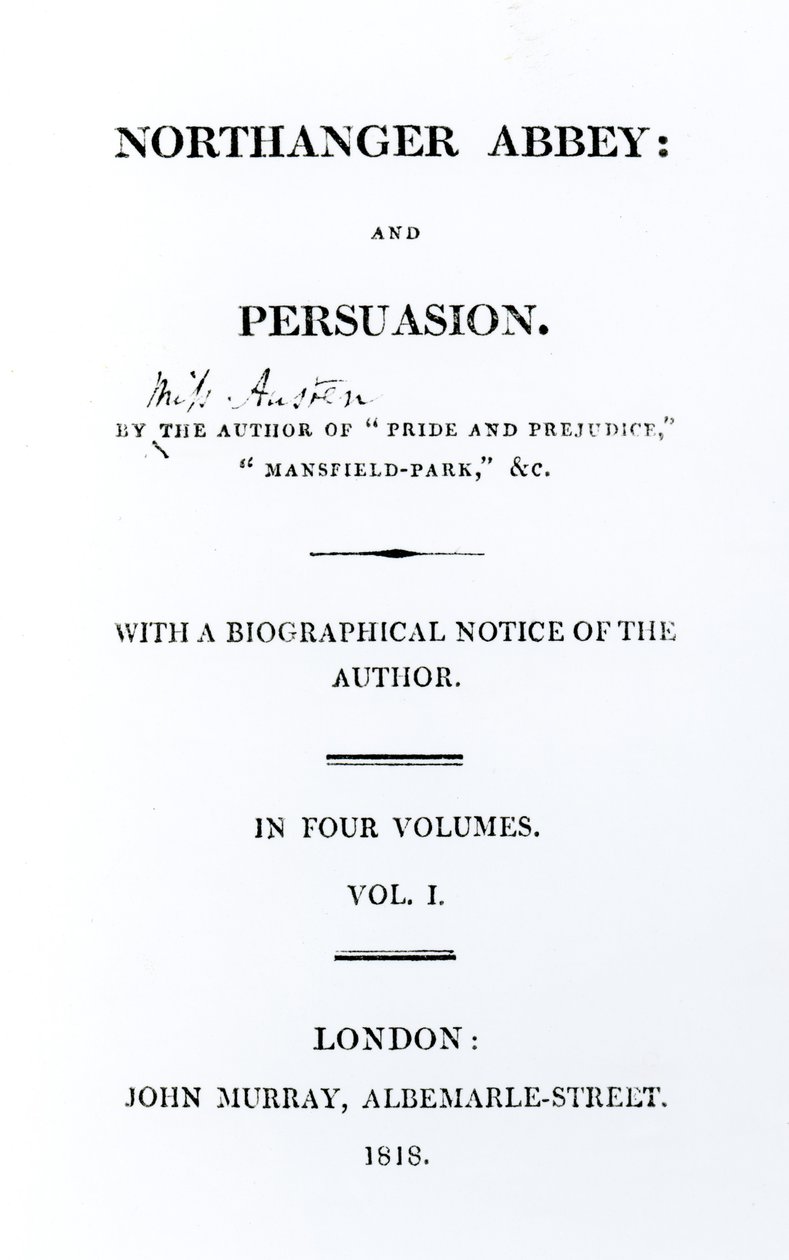 Página de rosto de Northanger Abbey and Persuasion, de Jane Austen, primeira edição, 1818 de English School