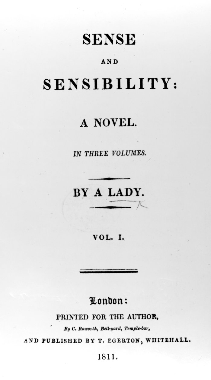Página de título para Sense and Sensibility de Jane Austen, primeira edição, 1811 de English School
