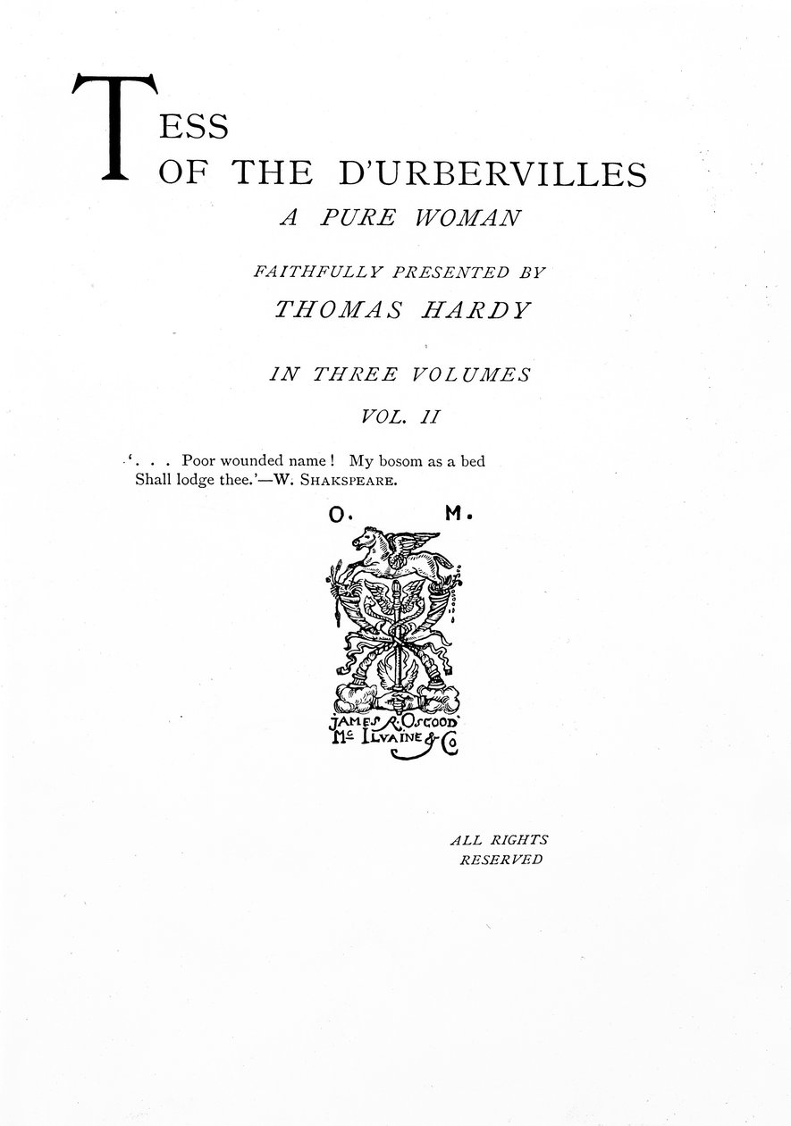 Página de título para &39;Tess of the D&39;Urbervilles&39; de Thomas Hardy, edição publicada em 1892 (impresso) de English School