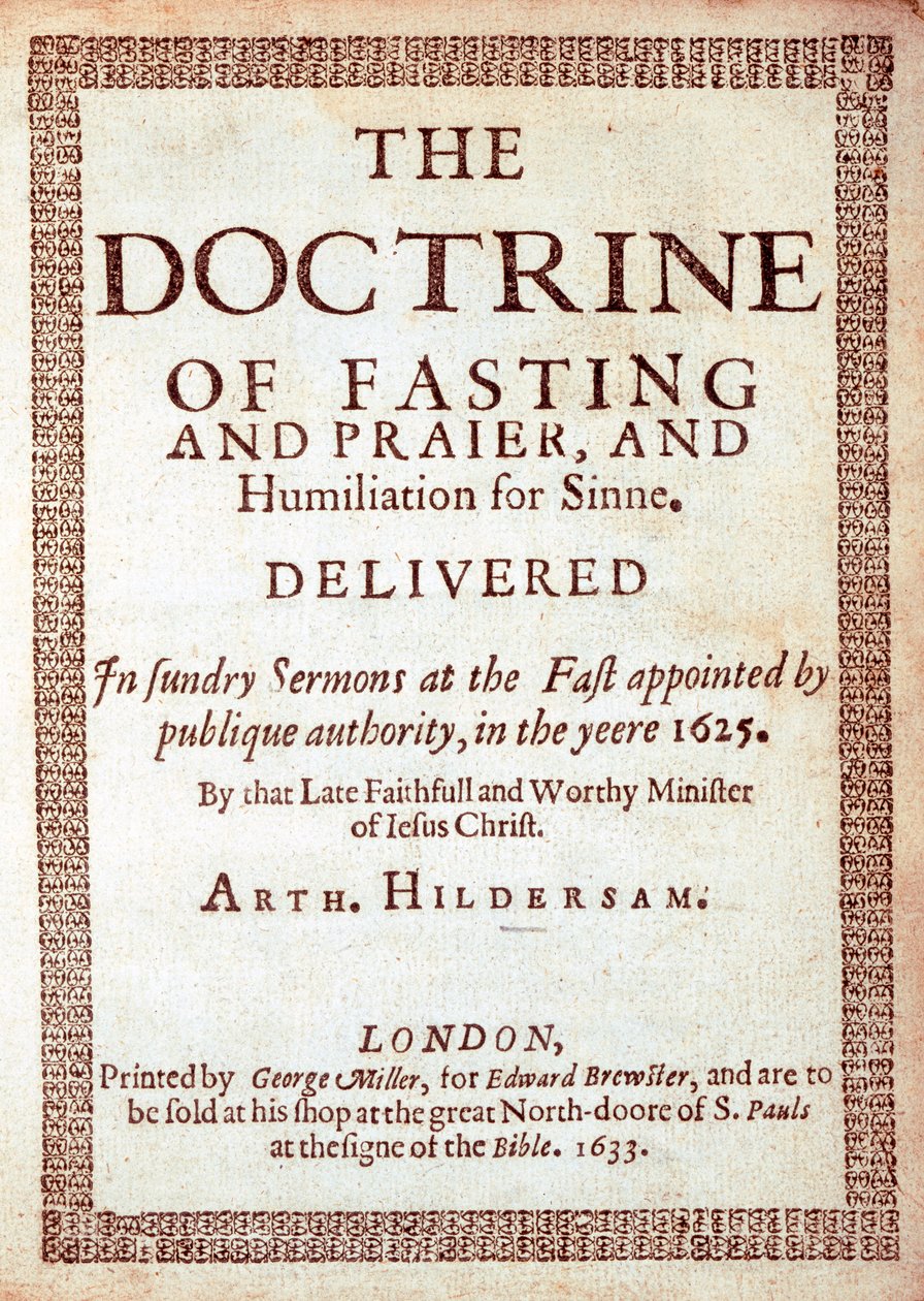 Página de rosto da Doutrina do Jejum, por Arthur Hildersam, 1633 (impressão) de English School