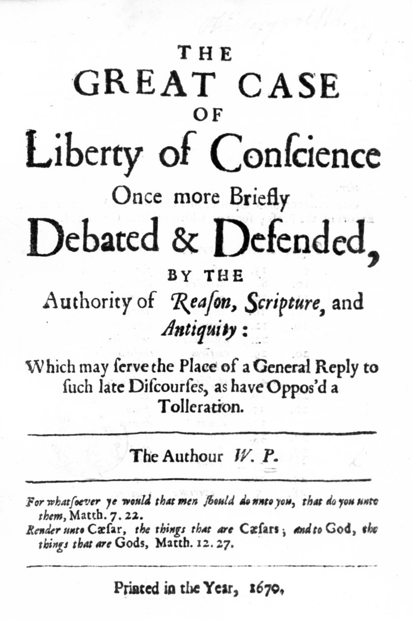 Página de título para O Grande Caso da Liberdade de Consciência, de William Penn, publicado em 1670 de English School
