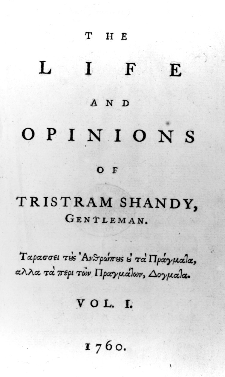 Página de título para a vida e as opiniões de Tristram Shandy, Gentleman por Laurence Sterne, publicado em 1760 de English School