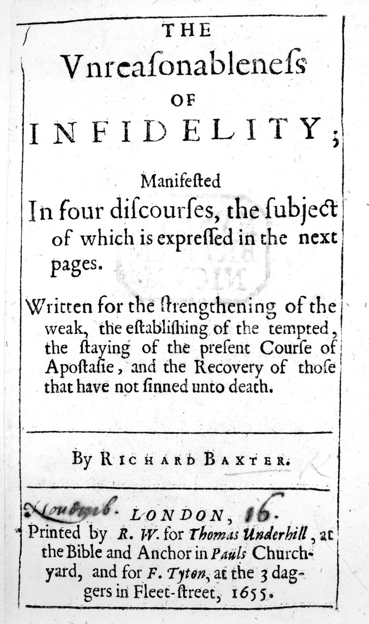 Página de título para o Unreasonableness of Infidelity por Richard Baxter, publicado em 1655 de English School