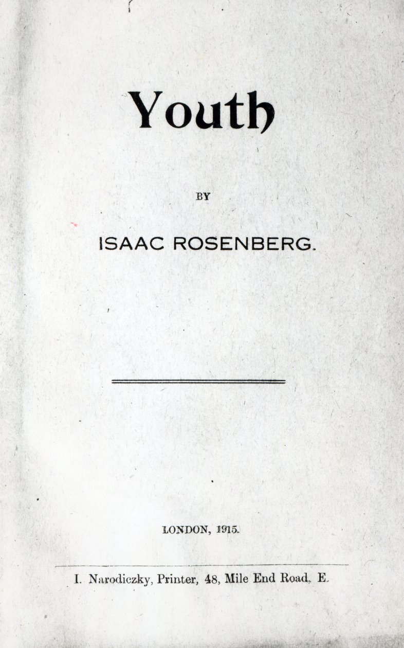 Página de rosto de Youth, uma coleção de poemas de Isaac Rosenberg, primeira edição de 1915 (impressão) de English School