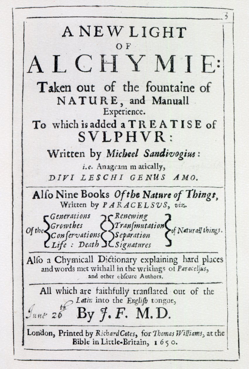 Página de rosto para a edição em inglês de A New Light on Alchemy de Michal Sedziwoj, 1650 (impressão) de English School