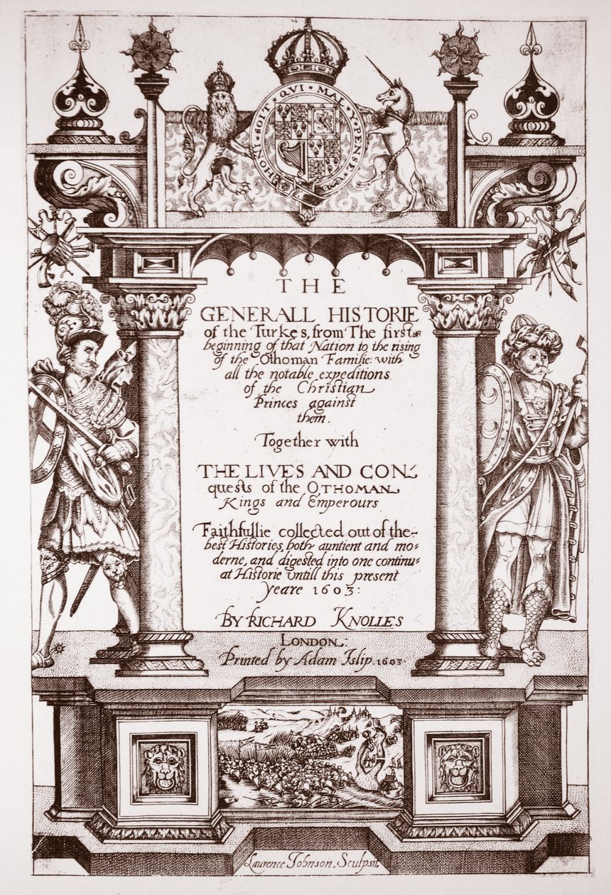 Titlepage, Knolles História Geral dos Turcos, pub. por Adam Islip, 1603 de English School