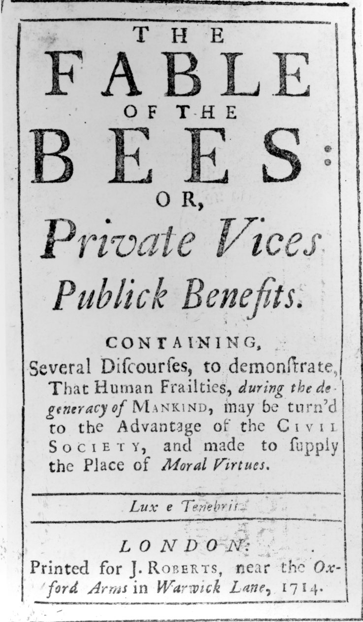 Titlepage para a fábula das abelhas por Bernard de Mandeville, 1714 de English School