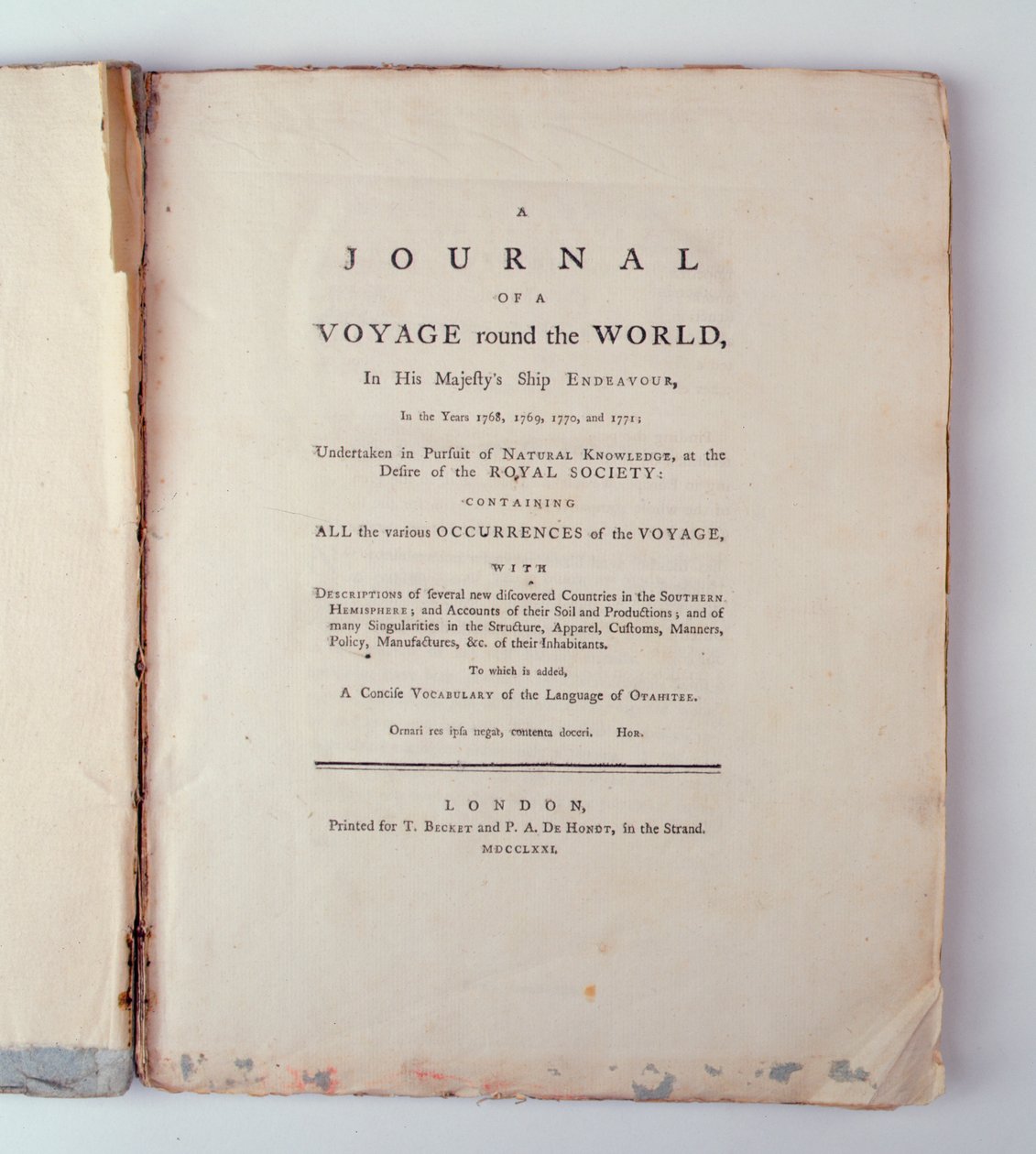 Titlepage de um jornal de uma viagem ao redor do mundo em sua Majestade Ship Endeavour nos anos 1768, 1779, 1770 e 1771, publicado em Londres, 1771 (impressão) de English School