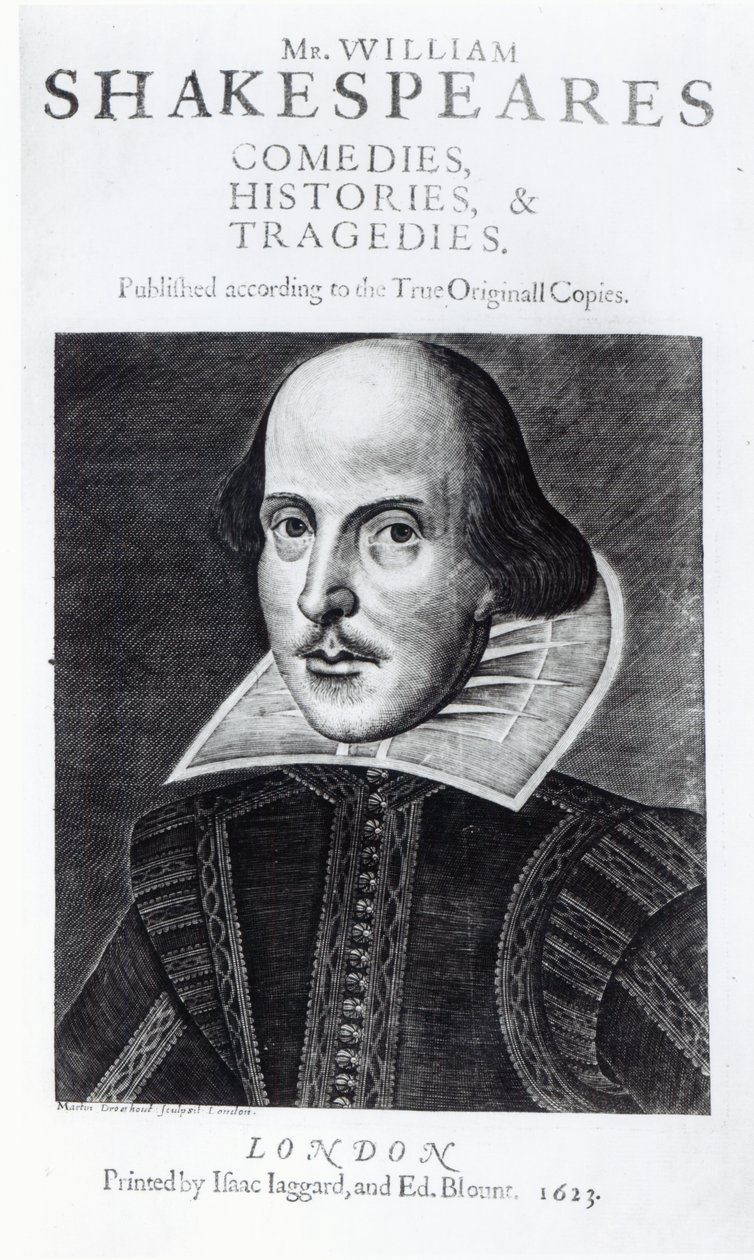 Titlepage of &39;Mr. Comédias, histórias e tradições de William Shakespeares, gravadas por Martin Droeshout, 1623 de English School