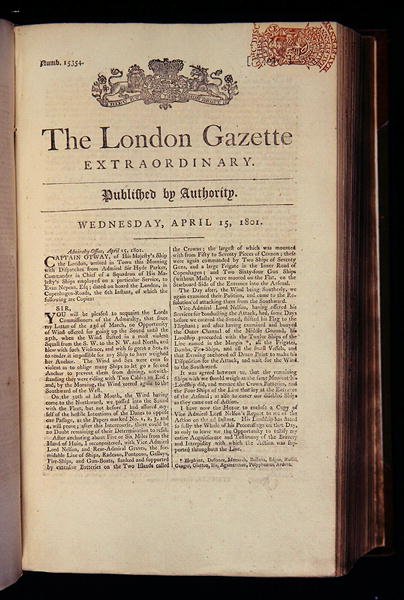 Página de título de "The London Gazette" (A Gazeta de Londres) de English School
