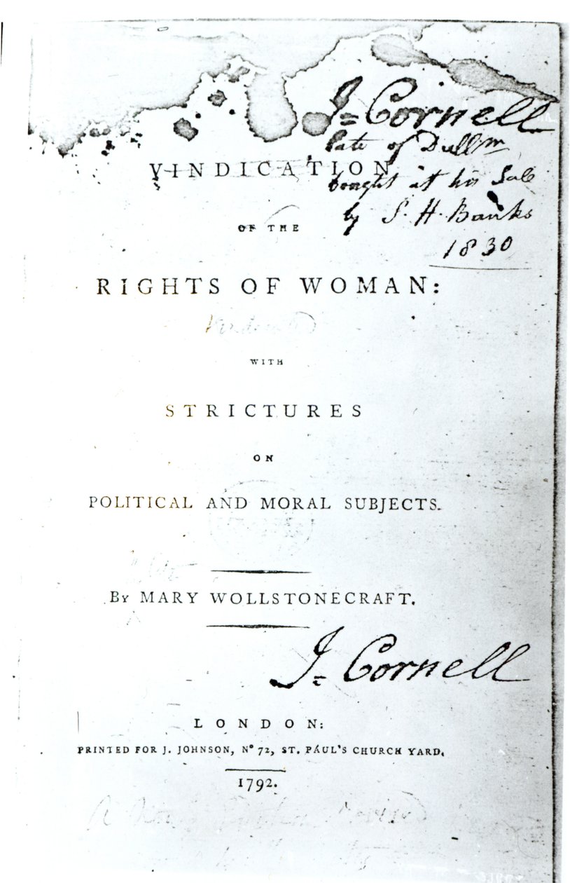 Titlepage of Vindication of the Rights of Woman, de Mary Wollstonecraft, publicado em 1792 de English School