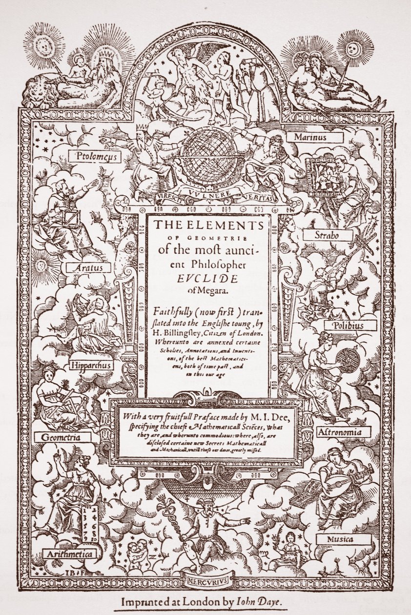 Titlepage da tradução antecipada de Elementos de Euclides, impressa por John Day, Londres, 1570-71 de English School