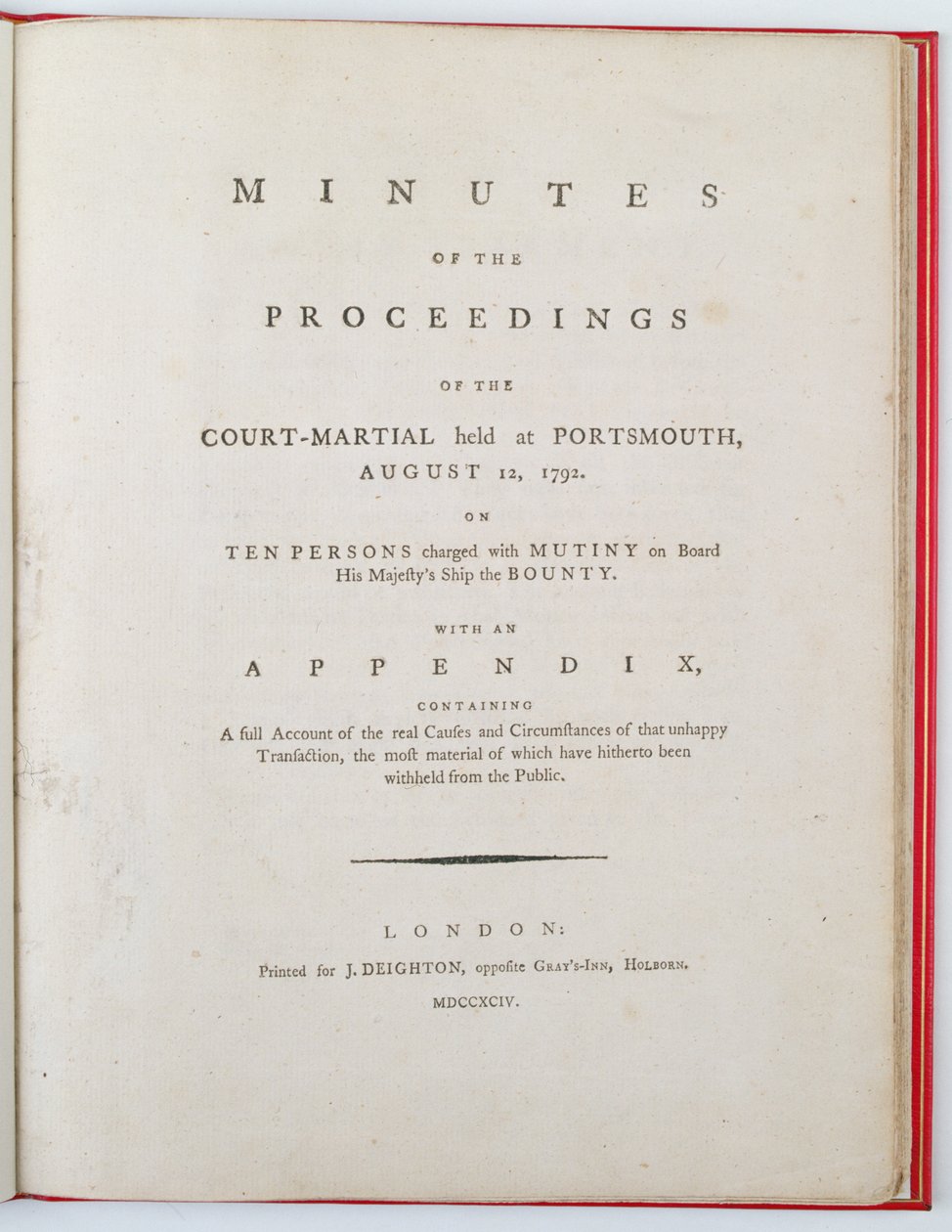Título da Ata dos procedimentos da corte marcial realizada em Portsmouth, em 12 de agosto de 1792, publicada em Londres, em 1794 (impressão) de English School