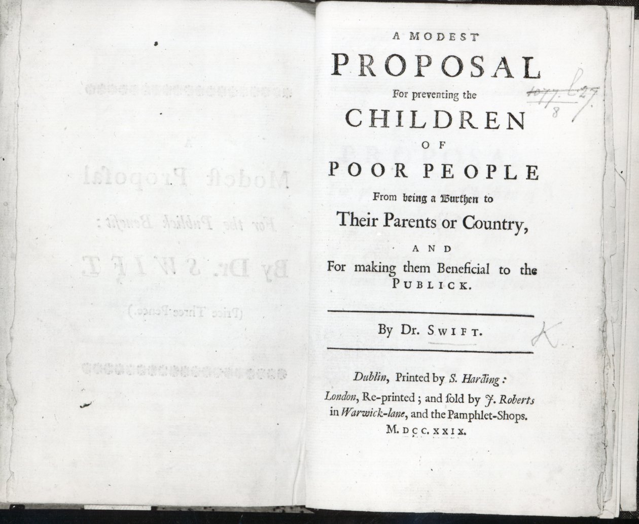 Titlepage para uma proposta modesta por Jonathan Swift, publicado em 1729 (impressão) de English School