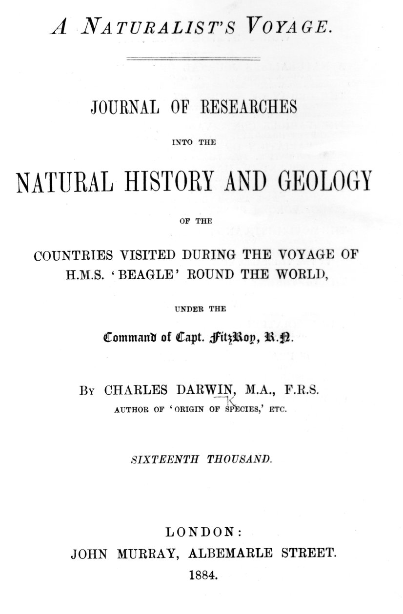 Titlepage to A Naturalists Voyage Around the World, de Charles Darwin, edição publicada em 1884 (impresso) de English School