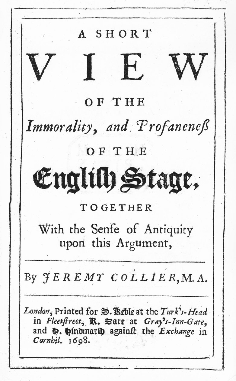 Titlepage para uma breve visão da imoralidade e Profaneness do Inglês Stage por Jeremy Collier, 1698 (impresso) de English School