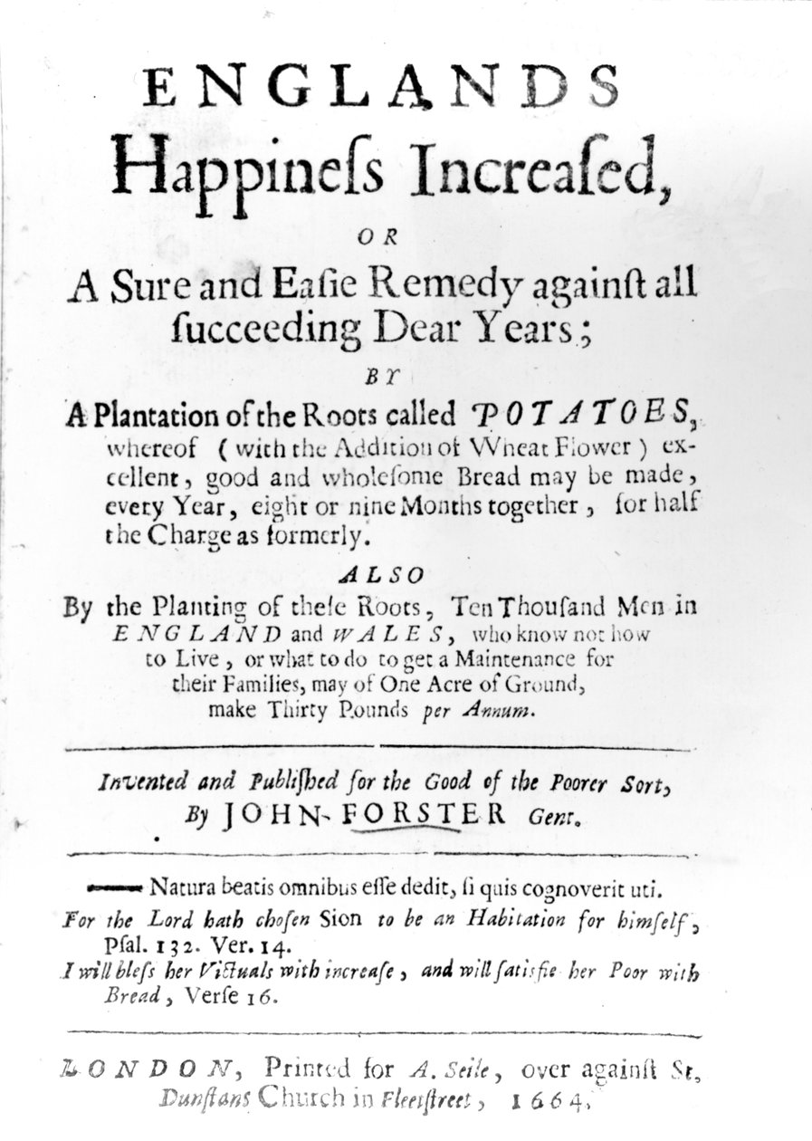 Titlepage to Englands Happiness Melhorado por John Forster, publicado em 1664 (impresso) de English School