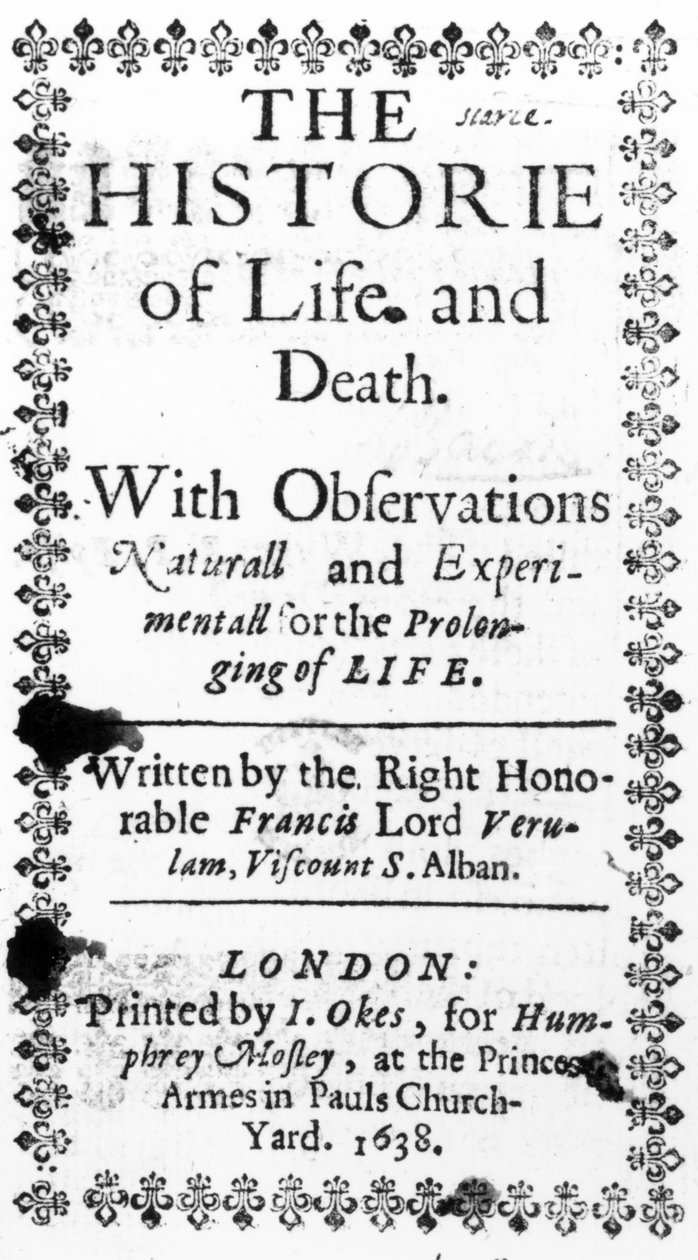 Titlepage to Francis Bacons A História da Vida e Morte, publicada em 1638 (impressão) de English School