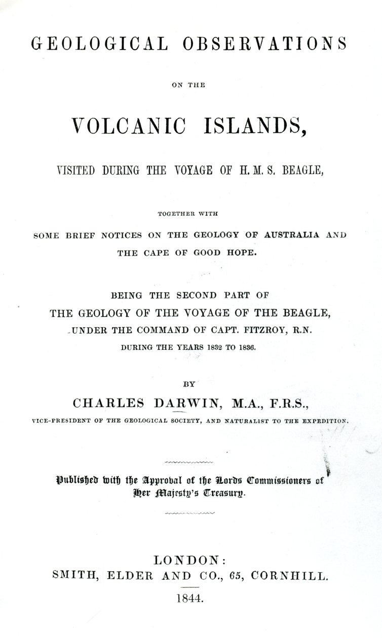Título das Observações Geológicas nas Ilhas Vulcânicas de Charles Darwin, 1844 (impresso) de English School