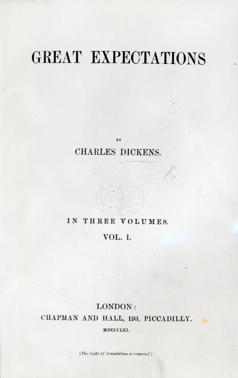Titlepage to Great Expectations por Charles Dickens, primeiro volume de edição, 1861 (impressão) de English School