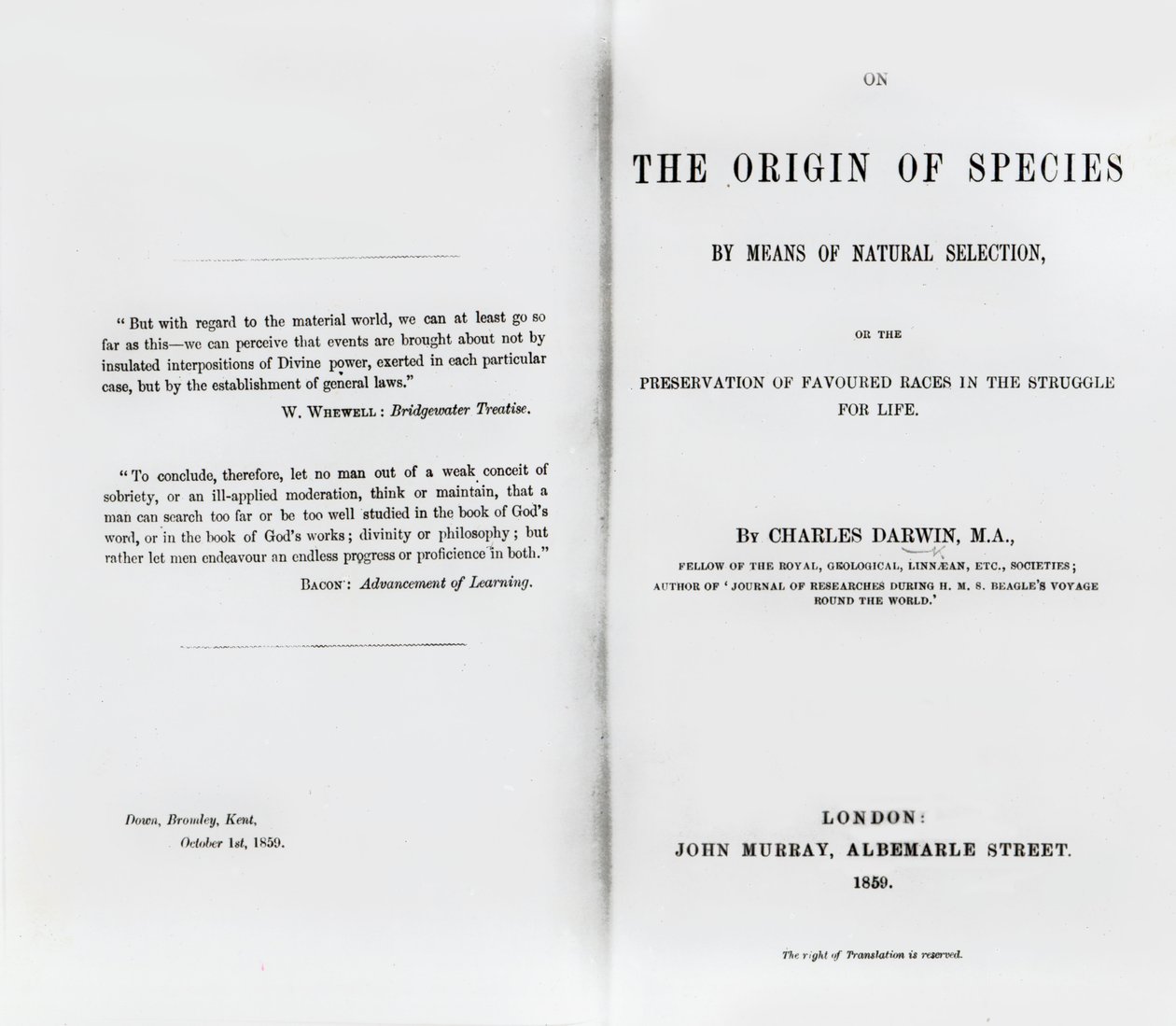 Página do título sobre a origem das espécies, de Charles Darwin, publicada em 1859 de English School