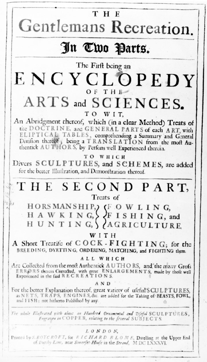Página de título de The Gentlemans Recreation publicado por Richard Blome, 1686 de English School