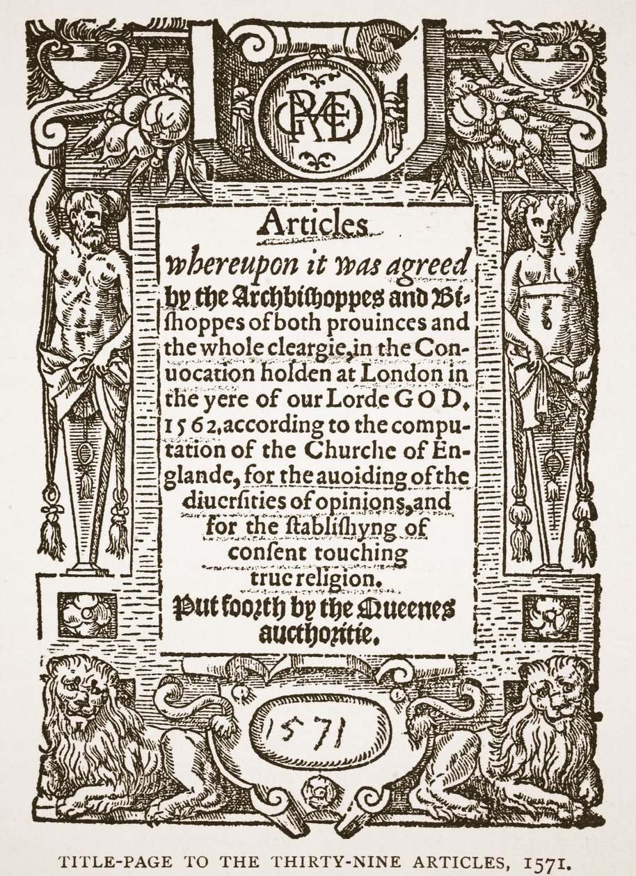 Titlepage to the Trinta e Nove Artigos, 1571, ilustração da Igreja da Inglaterra: Uma História para o Povo por HDM Spence-Jones, pub. c.1910 (foto sépia) de English School