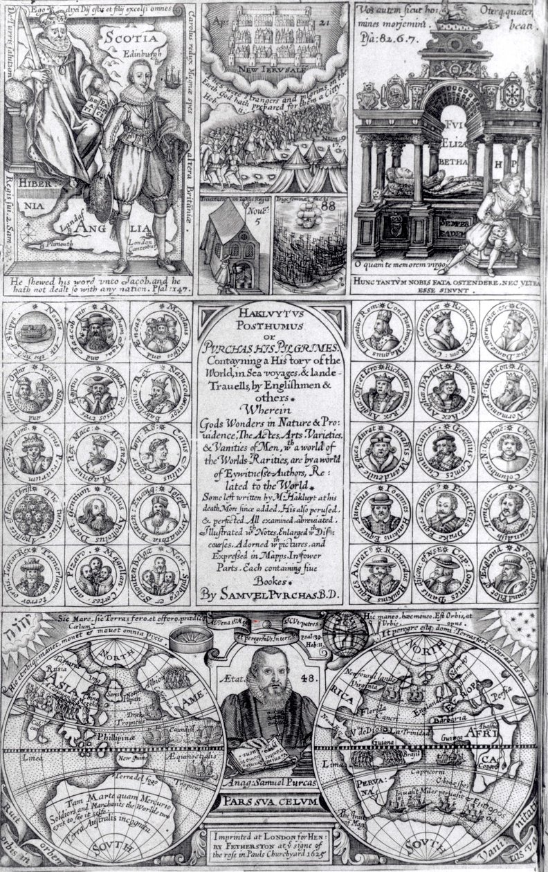 Título da primeira edição de Hakluytus Posthumus ou Purchas His Pilgrimes, publicado em 1625 de English School