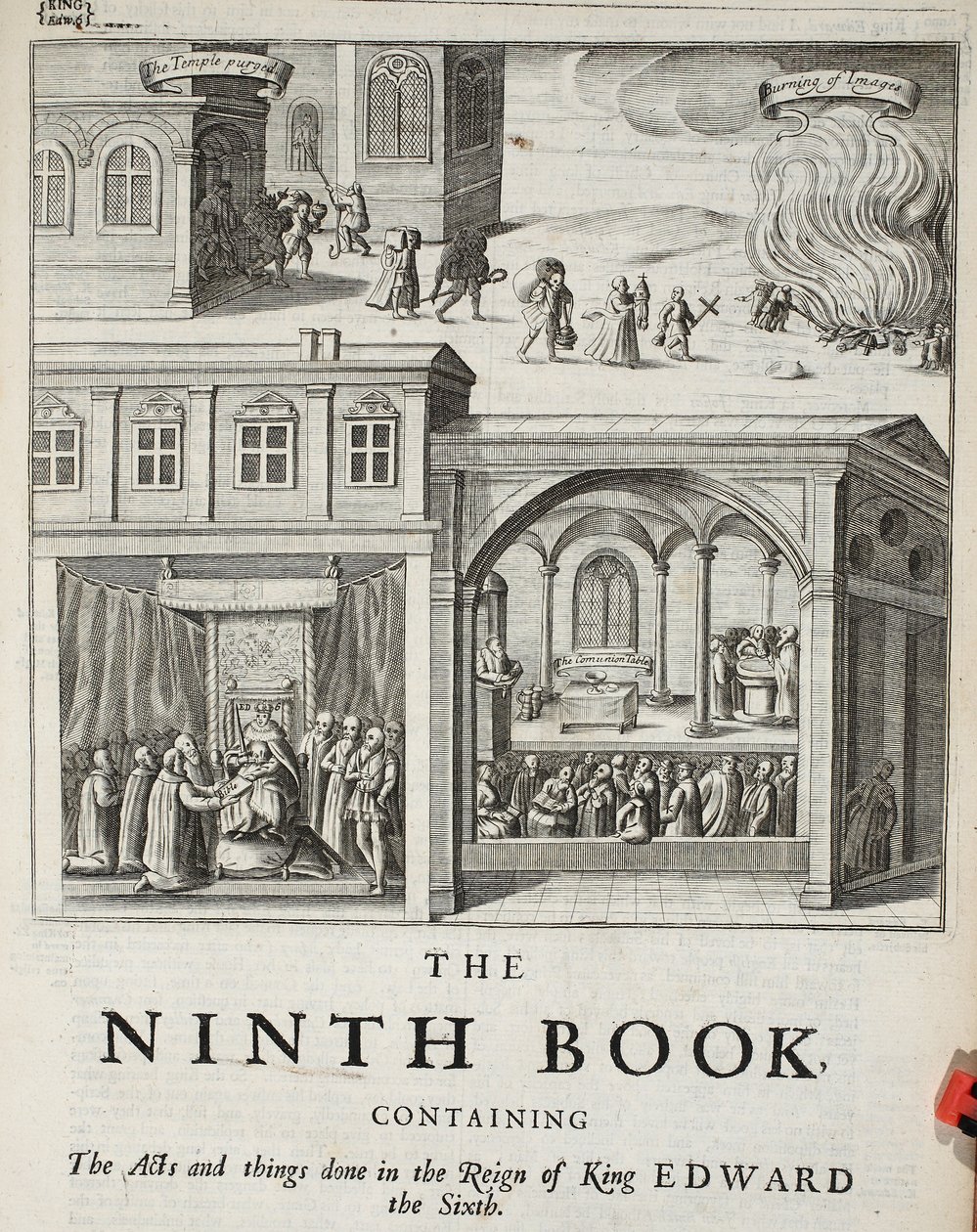 Titlepage para o nono livro, ilustração de Atos e Monumentos de John Foxe, nona edição, pub. 1684 de English School