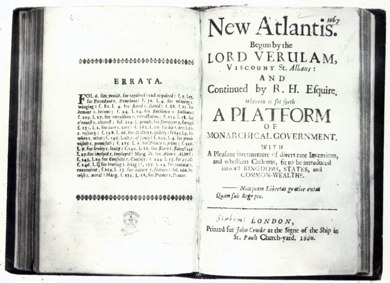 Páginas de título para Francis Bacons New Atlantis, edição publicada em 1660 (impressão) de English School