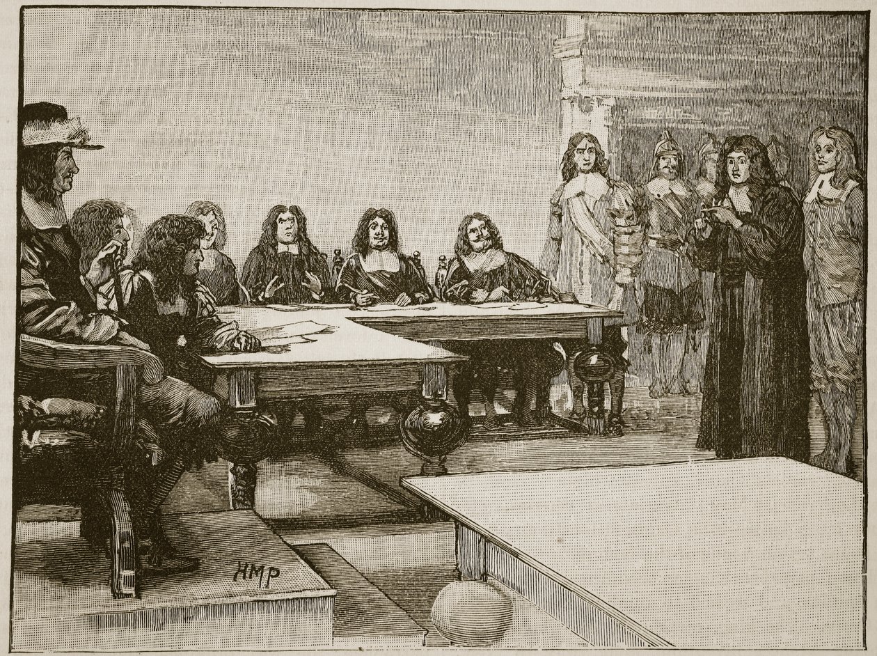 Titus Oates antes do Conselho Privado, ilustração da História Ilustrada de Cassells da Inglaterra (foto sépia) de English School