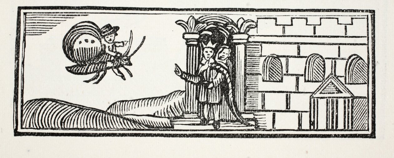 Tom escondeu-se e tentou fugir nas costas de uma borboleta, ilustração de Chap-books do século XVIII de John Ashton, pub. 1882 de English School